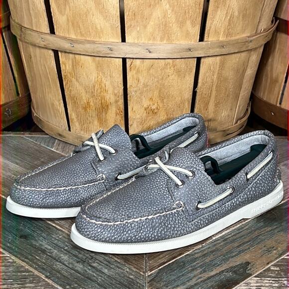 Sperry A/O 2-Eye Washed Flecked Pebbled Gray Red Leather Boat Shoes Mens Size 7 - Picture 3 of 11